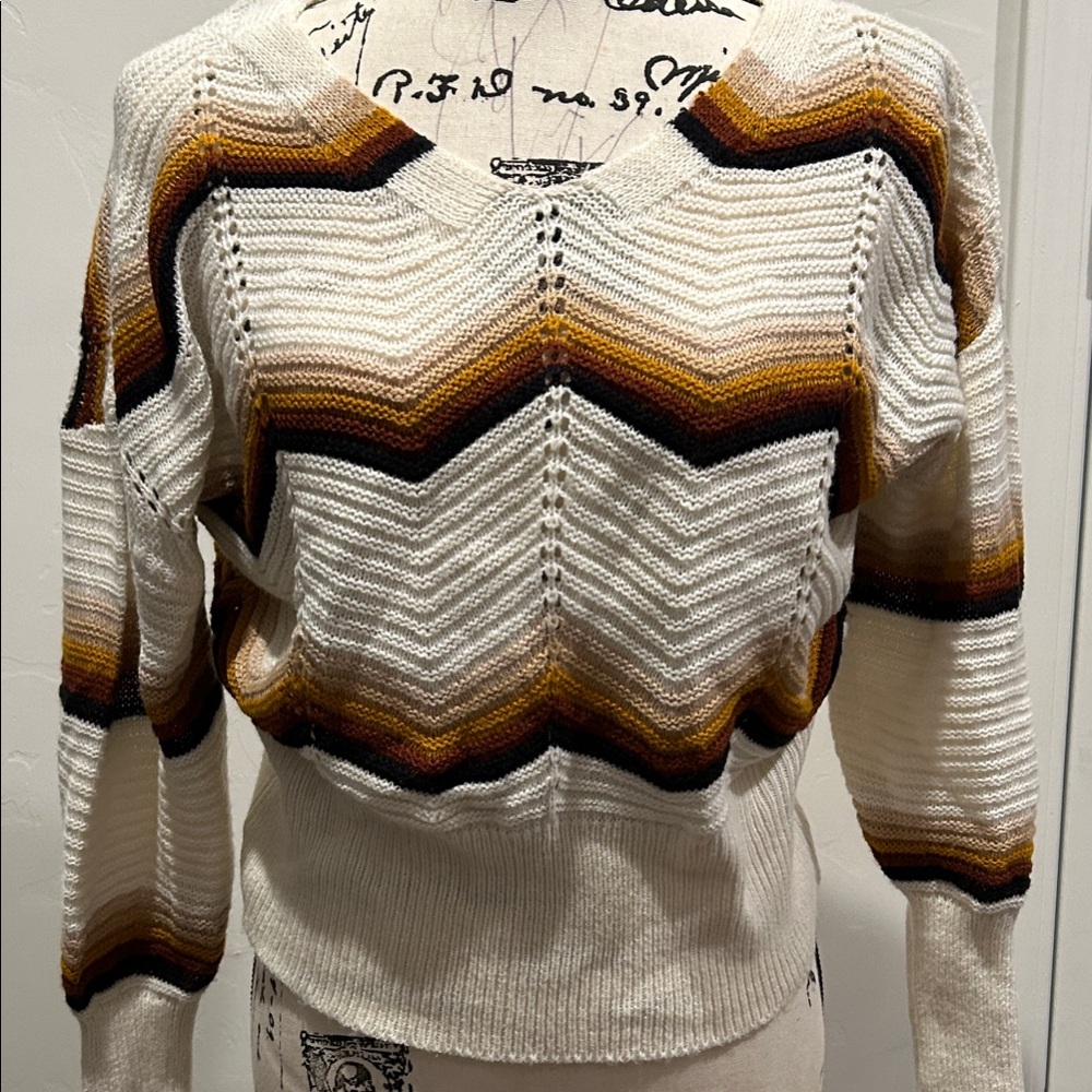 With Love,  Chevron V-Neck Sweater - Cream, Brown, Black, Gold